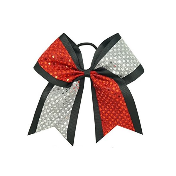 New "CONFETTI DOTS Red & Silver" Cheer Bow Pony Tail 7 Inch Girls Hair Cheerleading Dance Practice Football Games Competition School Uniform Birthday Grosgrain Ribbon