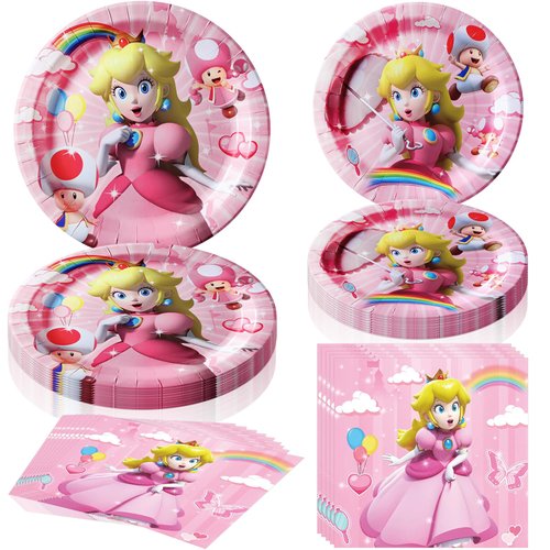 60 PCS Princess Peach Tableware Sets, Princess Peach Party Paper Plates and Napkins Set Includes 40 PCS Plates, 20 PCS Napkins for Kids Birthday Party Supplies