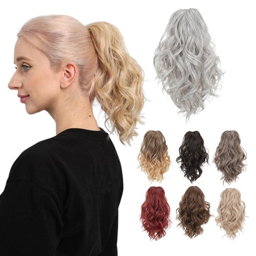 Juvabun Claw Clip Beach Waves Ponytail Extension 12" -Light Gray | Hair Extension Clips | Ponytail Extension Human Hair |Hair Extensions Washable Realistic And Synthetic Hairpiece | Light Gray
