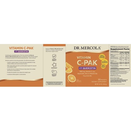 Dr. Mercola Vitamin C-Pak with Quercetin, 30 Servings (30 Packets), Fizzy Drink Mix, 500 mg Vitamin C, Zinc & Vitamin D3, Orange Flavor, Dietary Supplement, Immune Support, Non-GMO