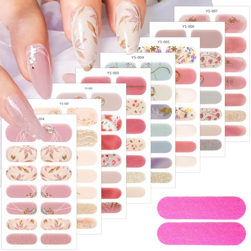 Generic 8 Sheets Flowers Gel Nail Stickers Decals 3D Self-Adhesive Flower Nail Design French Nail Polish Strips Supply Spring Bloom Floral Gold Glitter Nail Stickers Full Nail Wraps for Women Girls