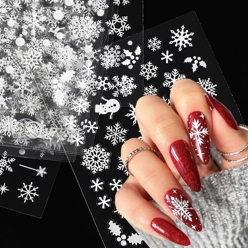 30Sheets Snowflake Nail Art Stickers 3D Christmas Nail Art Supplies White Snowflakes Snowmen Santa Claus Elk Snow Design Shiny Decals Manicure Winter Xmas New Year DIY Nail Decorations Accessories
