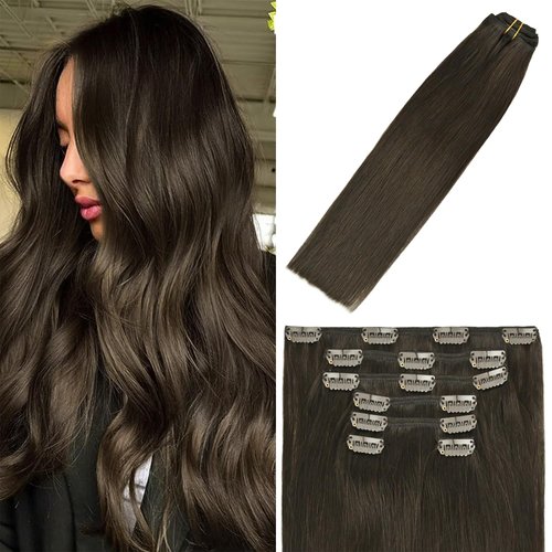 WindTouch Clip In Hair Extensions Human Hair Dark Brown Hair Extensions Remy Hair Extensions 18Inch 70g #2 7PCS