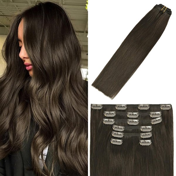 WindTouch Clip In Hair Extensions Human Hair Dark Brown Hair Extensions Remy Hair Extensions 18Inch 70g #2 7PCS