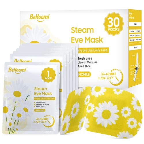 BeHoomi 30Packs Steam Eye Mask for Sleeping, Disposable Heated Eye Masks, Self Heating Warm Compress for Eyes, Sleep Mask for for Home Spa Office Travel - CHAMOMILE Scent