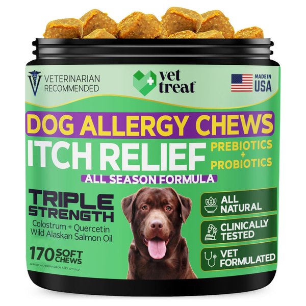 Vet TREAT's Dog Allergy Relief Chews - 170 Dog Allergy Chews - Itch Relief for Dogs - Anti Itch for Dogs - Dry & Itchy Skin - Allergies & Immune Support Supplement, Omega 3 Fish Oil, Probiotics - USA