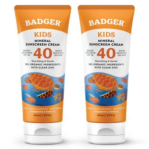 Badger Kids Sunscreen Cream SPF 40, Organic Mineral Sunscreen Kids Face & Body with Zinc Oxide, Reef Friendly, Broad Spectrum, Water Resistant, 2.9 fl oz (2 Pack)
