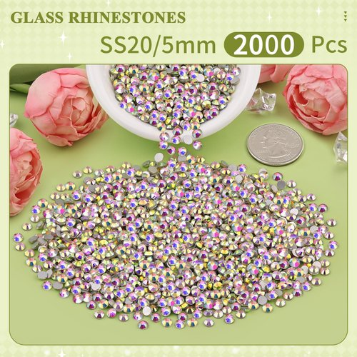 2000PCS SS20/5mm Crystal Rhinestones (Crystal AB), Bedazzling Flatback Glass Rhinestones for Crafting DIY Nail Art Makeup Decoration, Gems Diomand Charms for Tumbler Shoes Clothing Mug