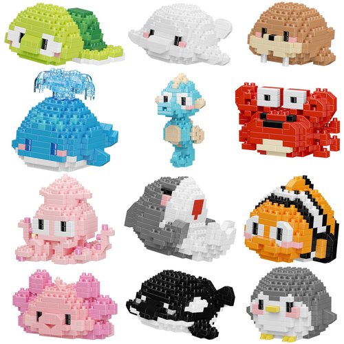 HJPLPXH Small Toy Gift,Party Favors for Kids,12 Boxes Mini Marine Animals Micro Building Blocks Set, Birthday Gift for Kids Ages 8-16+