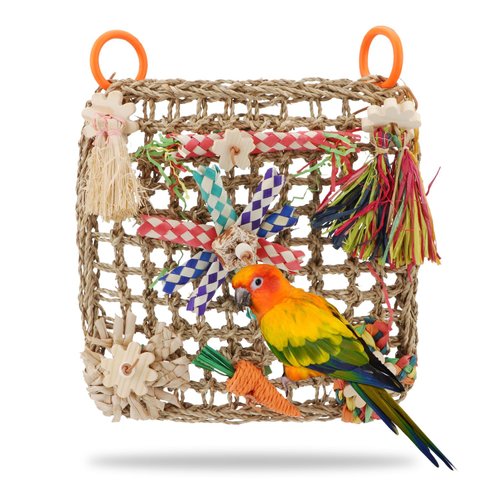 Hypeety Bird Toys Parrot Foraging Toys Bird Chew Toys Parakeet Shredding Seagrass Climbing Mat with Various Toys for Conure, Cockatiel, Lovebird, Parakeet, Budgie (L(Carrot))