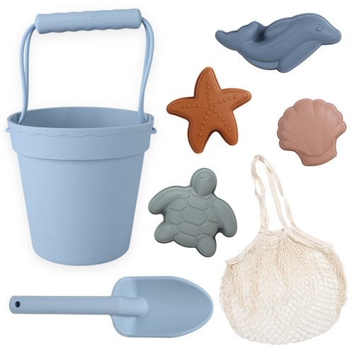 BLUE GINKGO Modern Baby Sand Toys | Travel Friendly | Silicone Bucket, Shovel, 4 Molds, Beach Bag for Toddlers, Kids - Blue