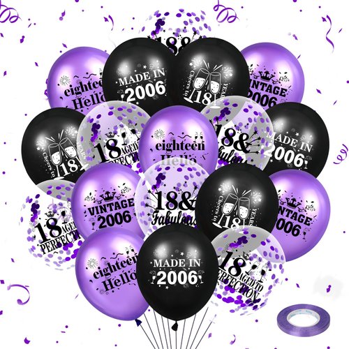 18th Birthday Balloons for Women 18Pcs Purple Vintage 2006 Birthday Party Decorations Balloons Purple Happy 18th Birthday Confetti Latex Balloons for 18th Birthday Anniversary Party Supplies 12 Inch