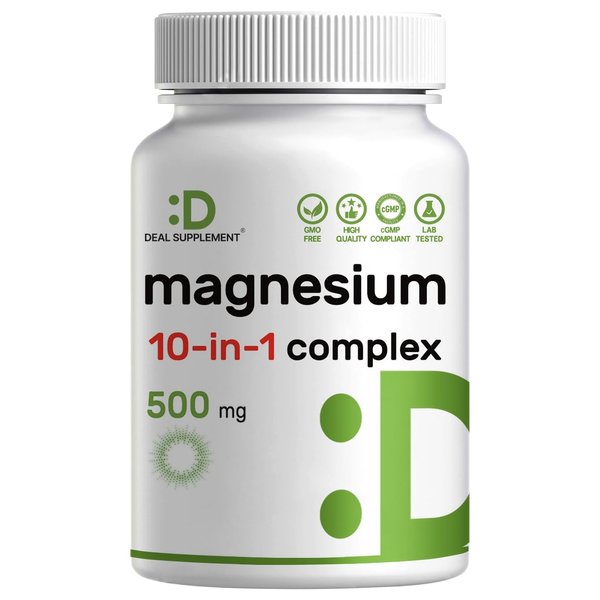 Magnesium Complex 500mg, 240 Veggie Capsules – 10-in-1 Glycinate, Citrate, Malate, Oxide, & More – 100% Chelated for Easy Absorption – Essential Mineral Supplement – Non-GMO
