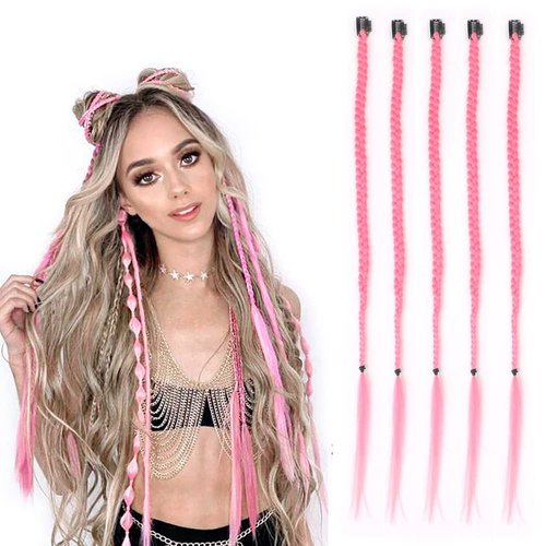 Braid Hair Extensions, 5 PCS Baby Braids Front Side Bangs Pink Clip in Hair Extensions Long Braided Hair Piece 22 Inch Natural Hair for Women Girl Kids Chignon (Pink)