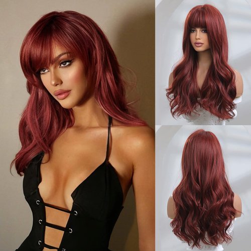 Honygebia Dark Red Wig with Bangs - Burgundy Wigs for Women, Wine Red Long Straight Layered Realistic Hair, Natural Synthetic Heat Resistant Wigs for Thanksgiving/Christmas/Cosplay/Party
