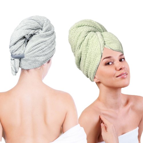 Simnice 2 Pack Extra Microfiber Hair Towel Wrap for Women,Super Soft Anti Frizz Hair Wrap Towels with Elastic Band for All Hairstyles Grey & Green