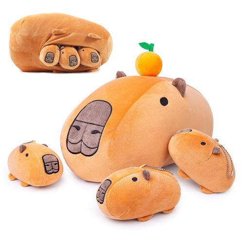 Frankiezhou Home Capybara Stuffed Animals with 3 Small CapybaraPlush Toys, 4Piece Soft Capybara Stuffed Animals Zippers with Tangerine Playset, Capybara Mom with Babies, Gift for Friends and Kids