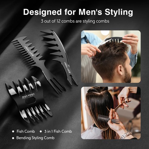 SALONSILK 12PCS Hair Comb Set - Professional Styling Hair Combs for Men and Women - Teasing Parting Fine-Tooth Comb for Man Woman - Black Tail Cutting Stylist Hair Combs Set