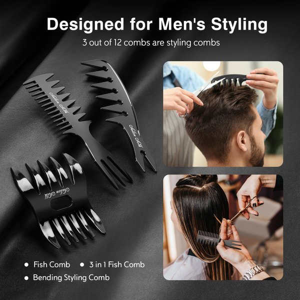 SALONSILK 12PCS Hair Comb Set - Professional Styling Hair Combs for Men and Women - Teasing Parting Fine-Tooth Comb for Man Woman - Black Tail Cutting Stylist Hair Combs Set