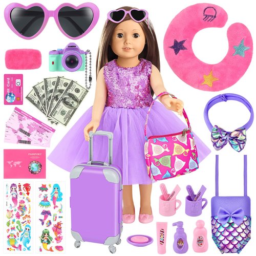 Luucio 30 PCS 18 Inch Girl Doll Accessories Suitcase Travel Play Set - Camera, Suitcase Stickers, Toiletries, Pillow, Blindfold, Sunglasses, Passport, Tickets, Cash, Fit for 18 Inch Girl Doll