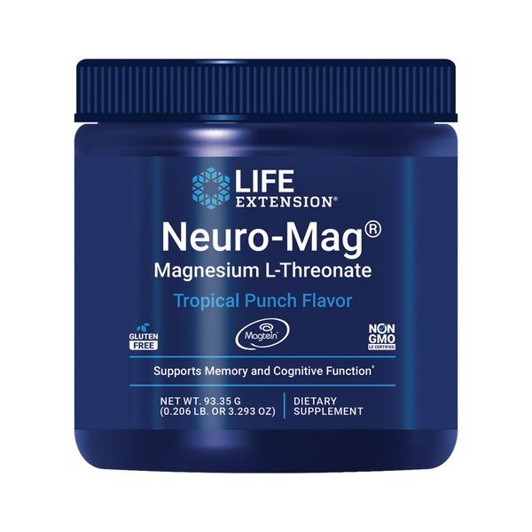 Life Extension Neuro-Mag Magnesium L-Threonate Powder (Tropical Punch) - Ultra-Absorbable - Supports Memory, Focus, Cognitive Function & Mood - Gluten No, Non-GMO, Vegetarian (30 Servings)