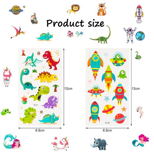 Habett Tattoos for Kids, 60 Sheets Mixed Styles Temporary Tattoos Stickers Set for Girls and Boys, Space Dinosaur Animals Tattoos for Kids Birthday Party Supplies