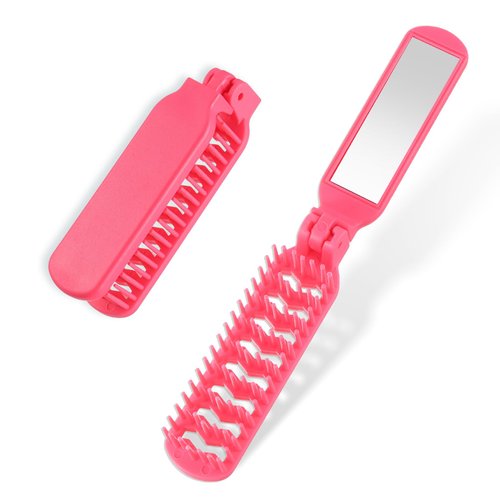 Rose Red Mini Folding Comb, Travel Comb and Mirror Compact Pocket Combs Portable Travel Brushes for Hair Slick Back Hair Brush Compact Brush for Men Women Thick Thin Curly Straight Wet Dry Hair