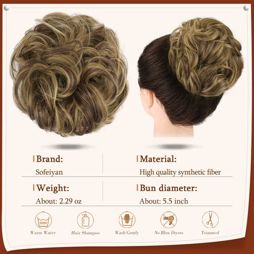 SOFEIYAN Claw Clip Messy Bun Hair Piece Wavy Curly Hair Bun Clip in Claw Chignon Ponytail Hairpieces Synthetic Tousled Updo Hair Extensions Scrunchie Hairpiece for Women, Blonde & Medium Brown