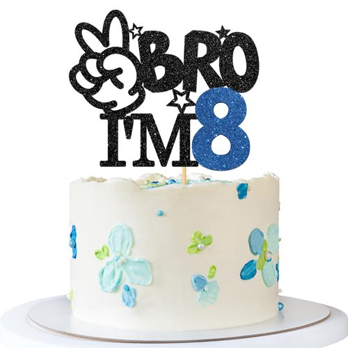 RoadSea Brother I'm 8 Cake Topper - Boy 8th Birthday Cake Supplies - 8 Years Old - Big Brother 8th Birthday Party Decoration - Black Glitter