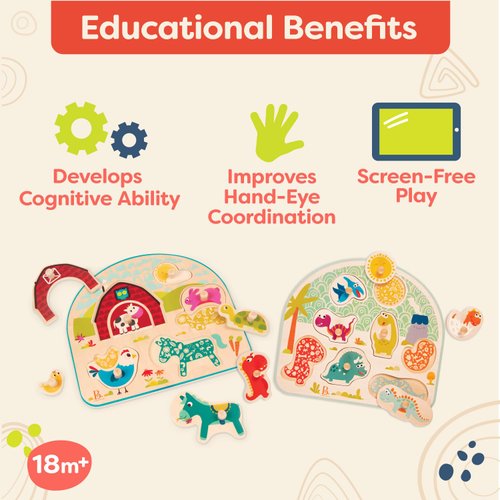 B. toys- Peg Puzzle 2-Pack - Dinos & Farm Animals- Wooden Peg Puzzles- 8 Pieces Each – Classic Toys for Toddlers, Kids – 18 Months +