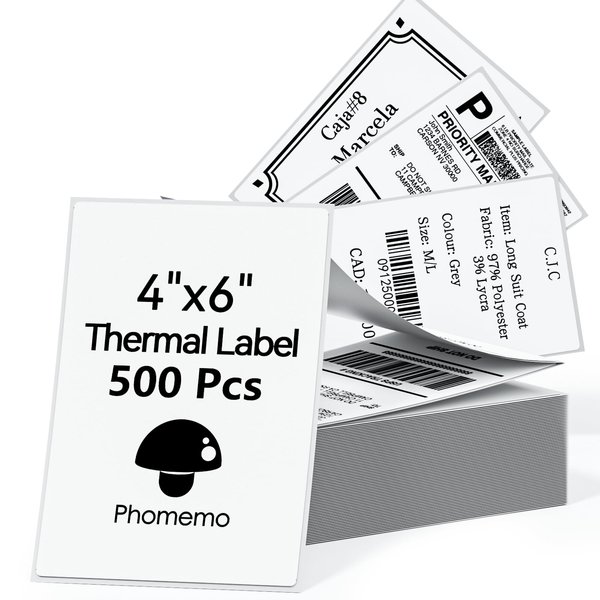 Phomemo 4x6 Thermal Direct Shipping Label, 4''x 6'' Fan-Fold Labels, Compatible with Rollo, MUNBYN, Zebra, Fargo Label Printer, 1 Pack of 500 Labels