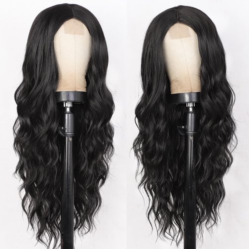 XIXIBI Black Wigs for Women, Long Wavy Wigs Middle Part Curly Wavy Wig Natural Looking Synthetic Heat Resistant Fiber Wig for Daily Party Use 26 Inch