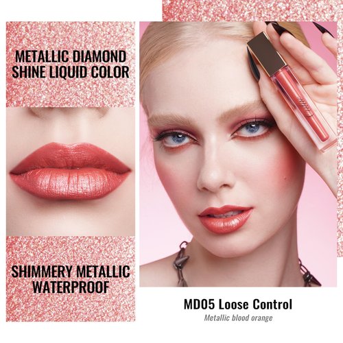 Oulac Orange Red Lip Gloss Metallic Shine Lipstick for Women, Long Lasting Waterproof, High Impact Lip Color, Smooth Aslo for Eyeshadow 3D Metallic Finish, No Transfer, Vegan, 4.5ml, MD05