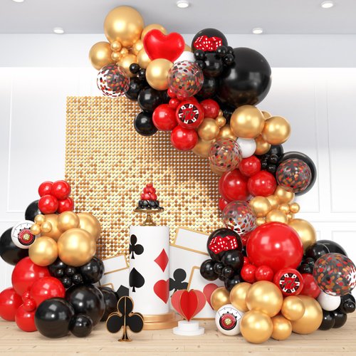 140Pcs Casino Red and Black Balloon Arch Garland Kit, Gold Confetti Balloons for Casino Theme Party Decorations Poker Event Las Vegas Game Night Birthday Party Supplies