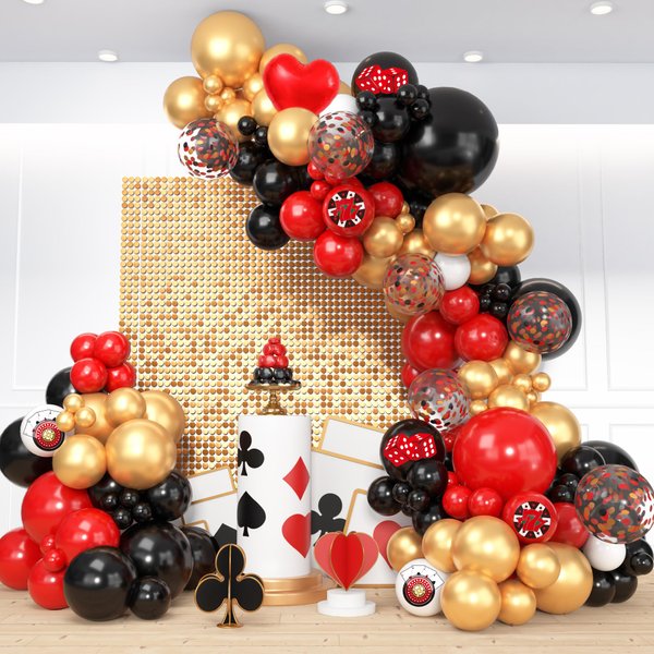140Pcs Casino Red and Black Balloon Arch Garland Kit, Gold Confetti Balloons for Casino Theme Party Decorations Poker Event Las Vegas Game Night Birthday Party Supplies
