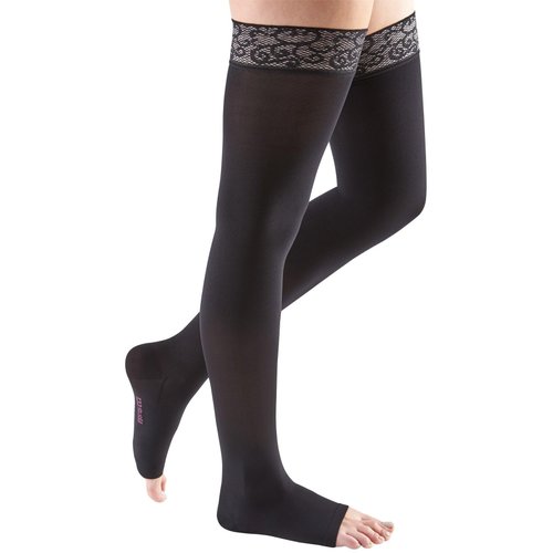 mediven for Women Comfort Thigh High 15-20 mmHg Compression Stockings, Open Toe w/ Lace Silicone Top Band, Ebony II