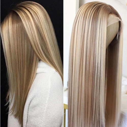 Aisom 24“ Ombre Blonde Straight Wig Mixed Brown and Blonde Color Lace Front Wigs for Women Highlight Synthetic Wig
