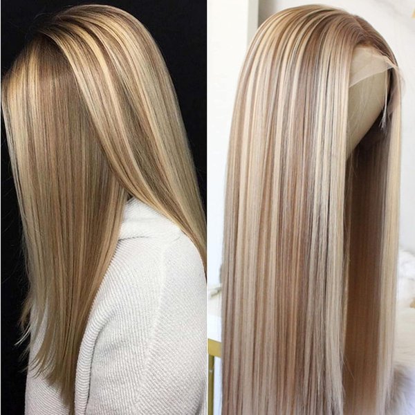 Aisom 24“ Ombre Blonde Straight Wig Mixed Brown and Blonde Color Lace Front Wigs for Women Highlight Synthetic Wig