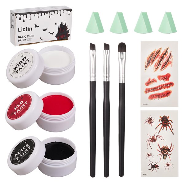 Lictin Halloween Clown Makeup Kit - Black White Red Face Body Paint, Water Activated Face Paint Kit for Adults, SFX Joker Zombie Vampire Skeleton Makeup Kit with Brushes & Sponges