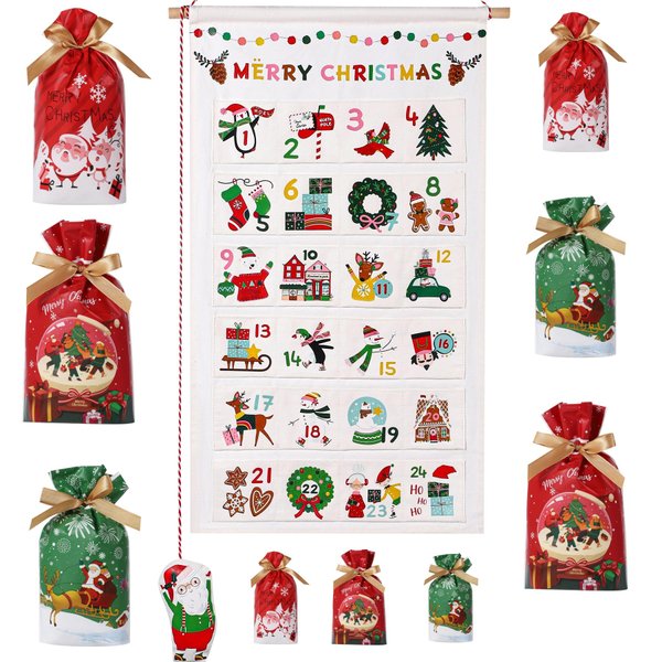 LYSXP Christmas Advent Calendar 2024 Countdown Fabric Wall Hanging Advent Calendars With 24 Pockets 13x23.5 Inch with 15 PCS Christmas Candy Bags