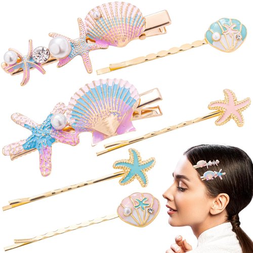 Isslly 6PCS Seashell Hair Clips, Starfish Shell Hair Pins, Pearl Shell Hair Accessories, Colorful Hair Barrettes Hairpins for Women, Girls