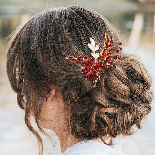 BETITETO Crystal Bridal Hair Comb Wedding Gold Vine Leaf Rhinestone Hair Piece Accessories for Women Girls (Wine Red)