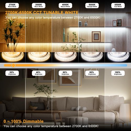 PAUTIX COB LED Strip Light White CCT Tunable 3200LEDs,CRI90+ 16.4ft/5m Dimmable 2700K-6500K 24V LED Tape Lights Kit with UL-Listed Power Supply,for Under Cabinet Bedroom Kitchen TV Mirror DIY Lighting