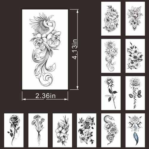 Womaha 12 Sheets Black and White Flower Temporary Tattoos for Women and Girls Fake Tattoo Stickers