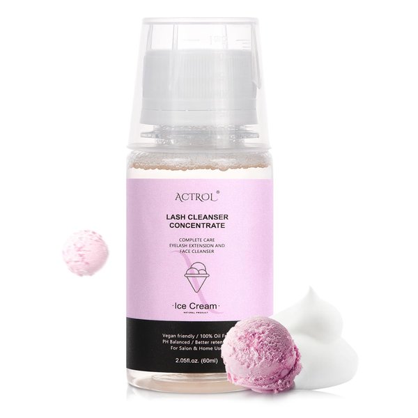 ACTROL Eyelash Cleanser Concentrate 60ml Ice Cream Professional Lash Shampoo Foaming Cleanser DIY Paraben & Sulfate Free Non-lrritating Wash for Extensions Lashes with Salon Home Care-Makes 6 Bottles
