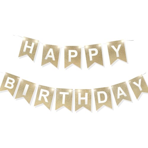 RUBFAC Pre-Strung Happy Birthday Banner - NO DIY - Gold Glitter Birthday Party Banner with 2pcs Fairy Lights for Birthday Party Decorations, Rose Gold Happy Birthday Sign
