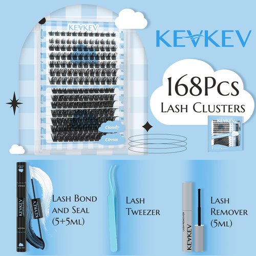 KevKev Lash Extension Kit 168Pcs Lash Clusters Eyelash Extensions Kit DIY Lash Extension Kit with Lash Bond and Seal Lash Applicator Lash Remover Individual Lashes Kit (Cloudy+Cirrus,8-16mix)