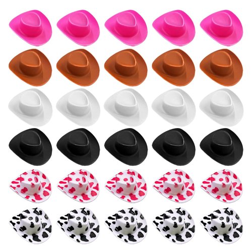 MeikouJJ 60 PCS Mini Cowboy Hat Plastic Tiny Western Cowgirl Hats 6 Color Small Hat DIY Crafts for Dollhouse Party Decoration (Z# 6 Colors Mix)