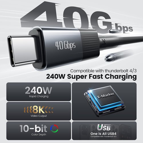 USB C to USB C Cable [3.3FT, 240W], USB 4 Data Cable for Thunderbolt 4/3 Cable, 40Gbps, Supports 8K@60hz HD Display for iPhone 16/15 Pro Max, Apple Vision Pro, MacBook, Monitor, Docking Stations