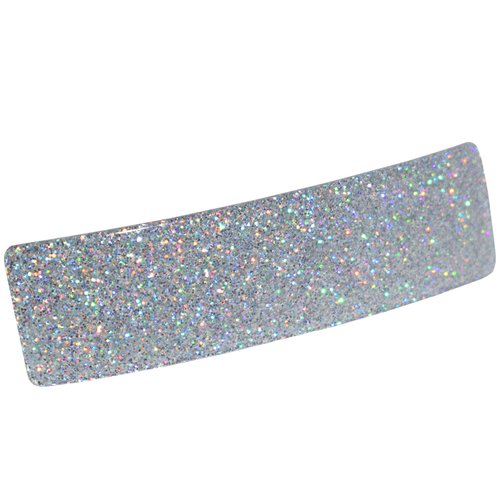 French Amie Rectangular Silver Glitter 3 1/4” Strong Celluloid Acetate Handmade Automatic Hair Clip Barrette with Golden Clasp for Women and Girls, Made in France
